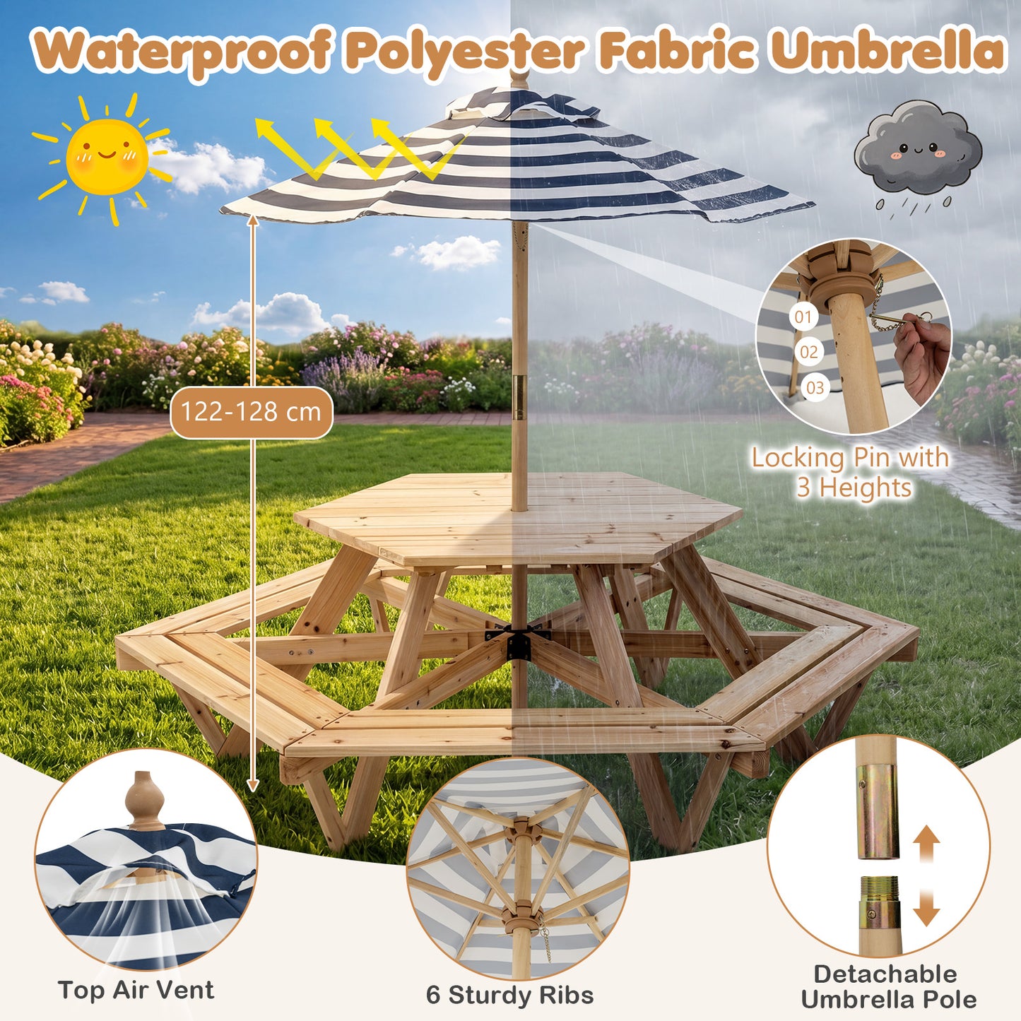Kids Hexagonal Picnic Table With Umbrella | Natural Blue White