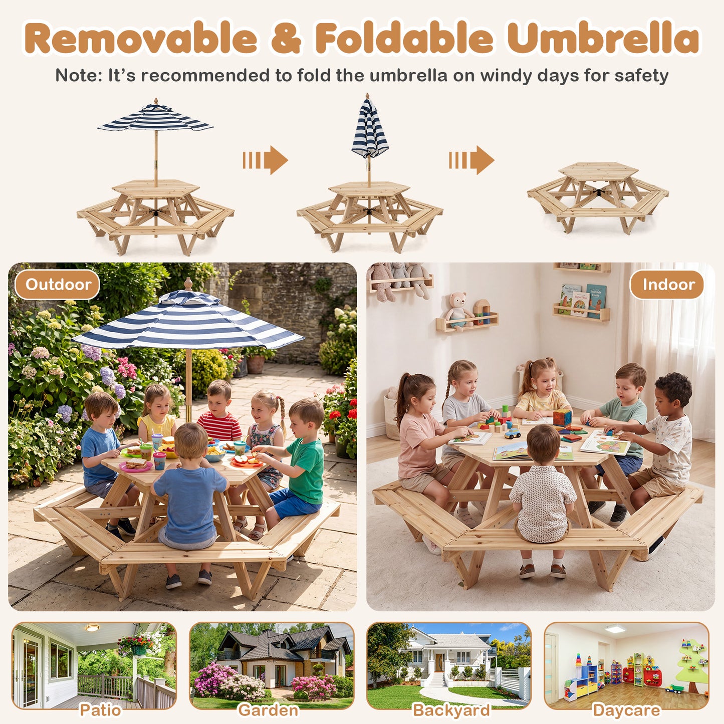 Kids Hexagonal Picnic Table With Umbrella | Natural Blue White