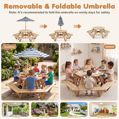 Kids Hexagonal Picnic Table With Umbrella | Natural Blue White