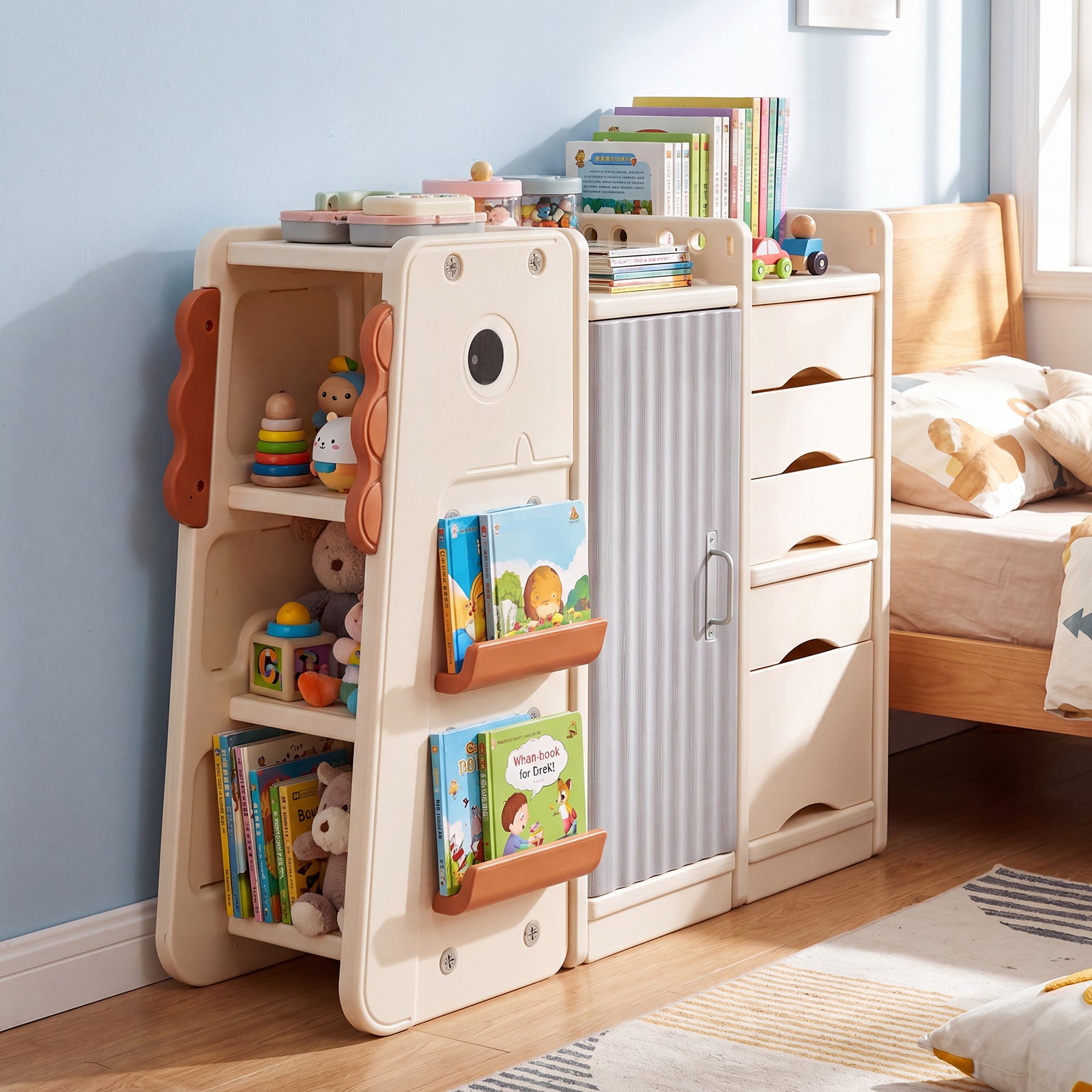 Costway Dinosaur Toy Storage with 5 Bins and 3-Tier Bookshelf for Kids-Beige
