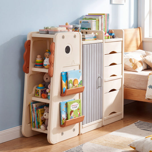 Costway Dinosaur Toy Storage with 5 Bins and 3-Tier Bookshelf for Kids-Beige