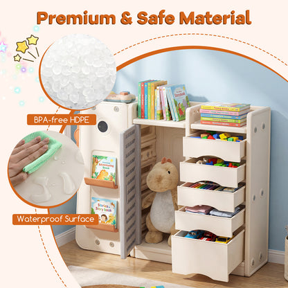 Beige Dinosaur Kids Toy Storage | 5 Bins & 3-Tier Bookshelf