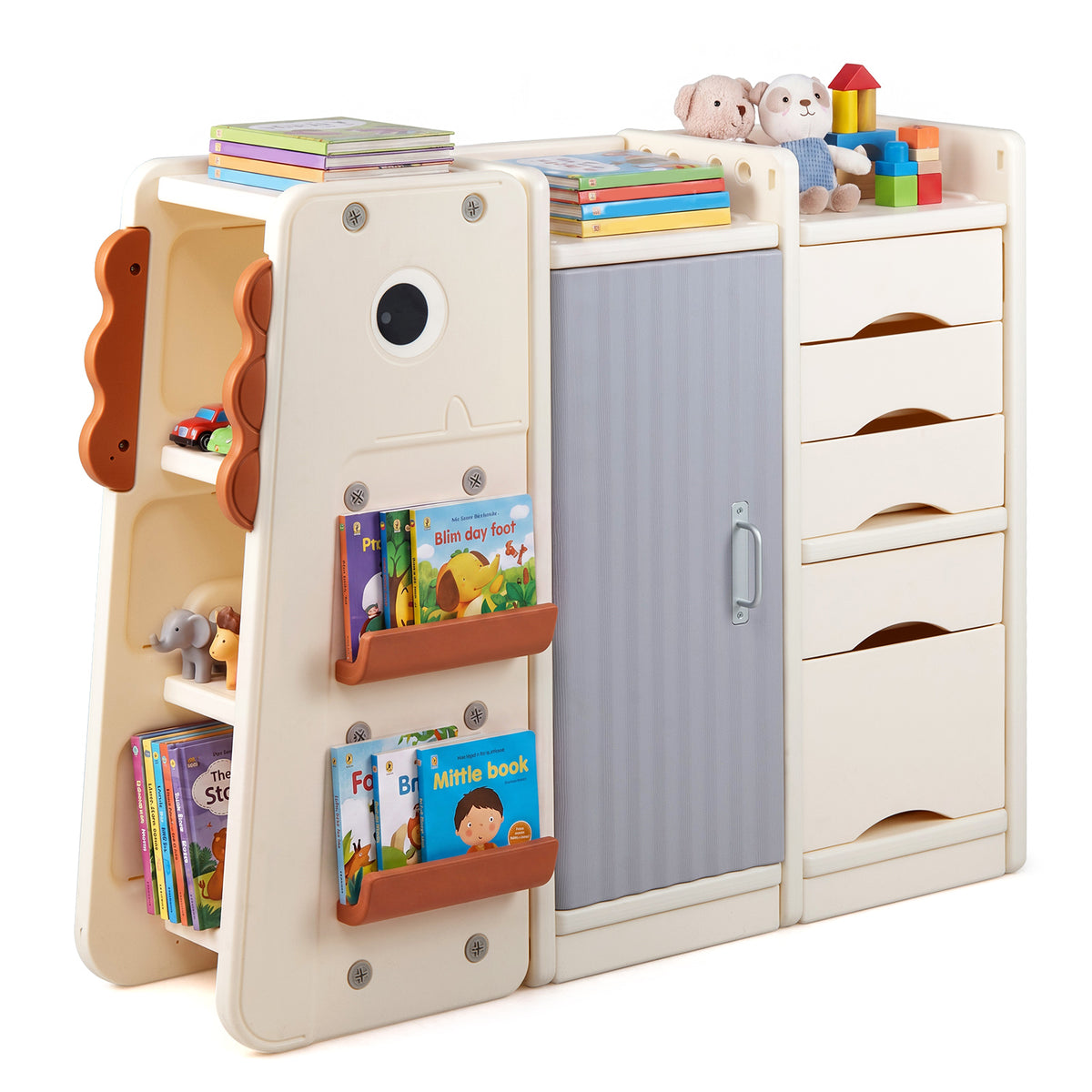 Beige Dinosaur Kids Toy Storage | 5 Bins & 3-Tier Bookshelf