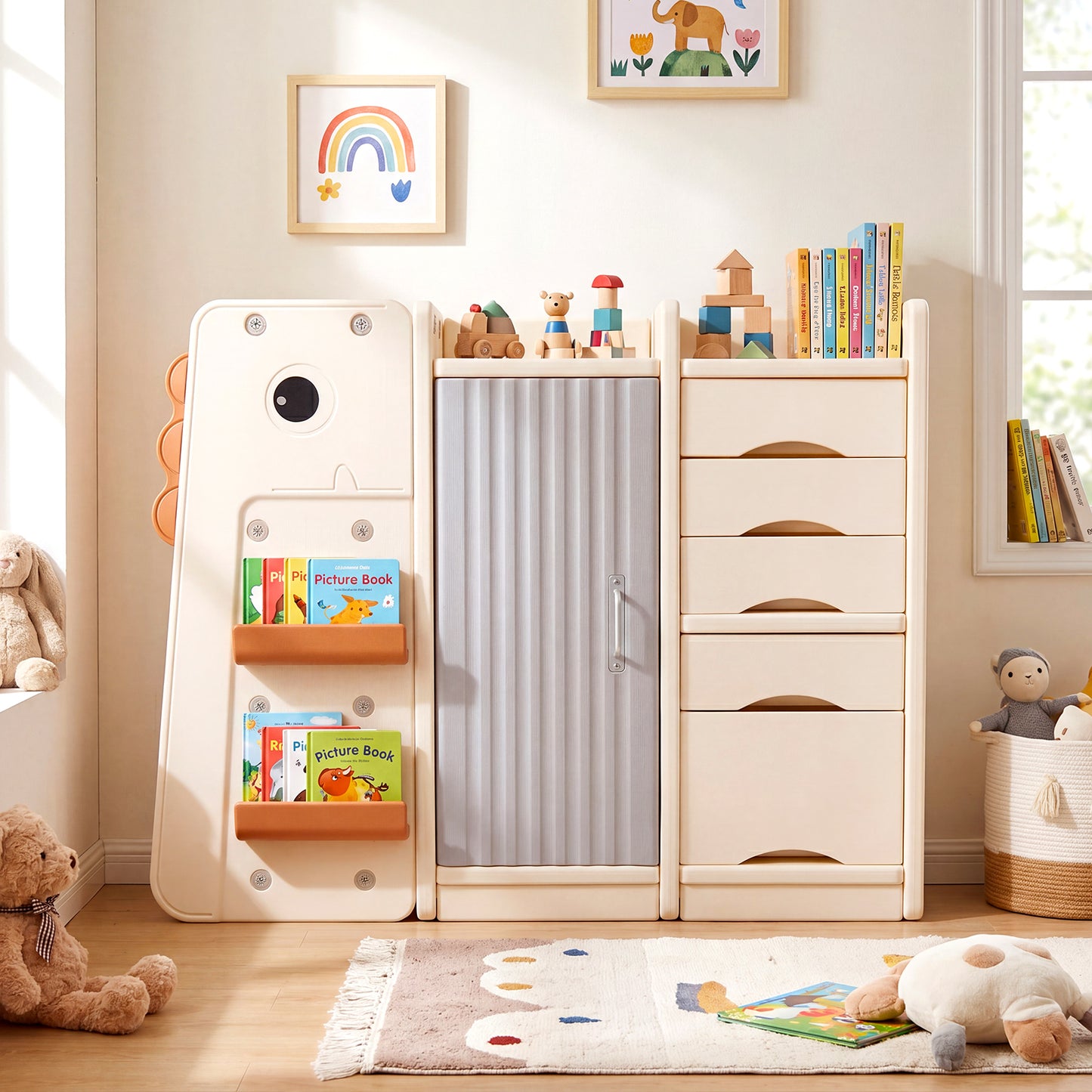 Beige Dinosaur Kids Toy Storage | 5 Bins & 3-Tier Bookshelf