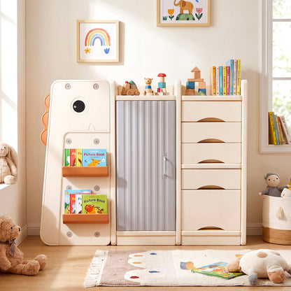 Beige Dinosaur Kids Toy Storage | 5 Bins & 3-Tier Bookshelf