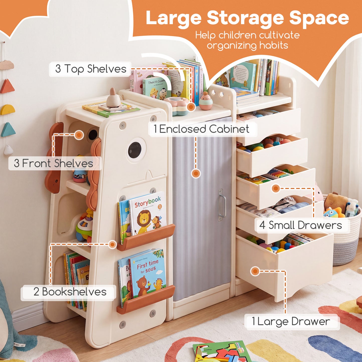 Beige Dinosaur Kids Toy Storage | 5 Bins & 3-Tier Bookshelf