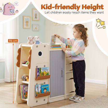 Beige Dinosaur Kids Toy Storage | 5 Bins & 3-Tier Bookshelf