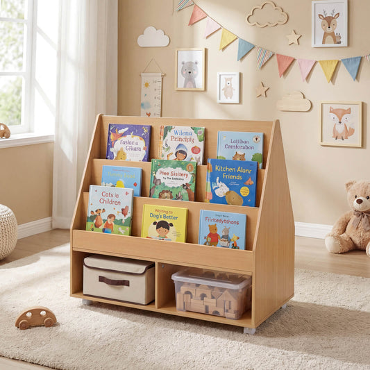 Natural Kids Rolling Bookshelf | Chalkboard & Open Cubes