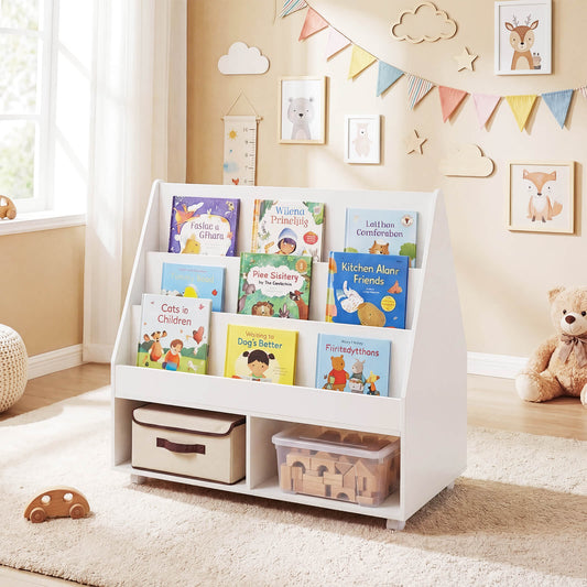 White Kids Rolling Bookshelf | Chalkboard & Open Cube Storage