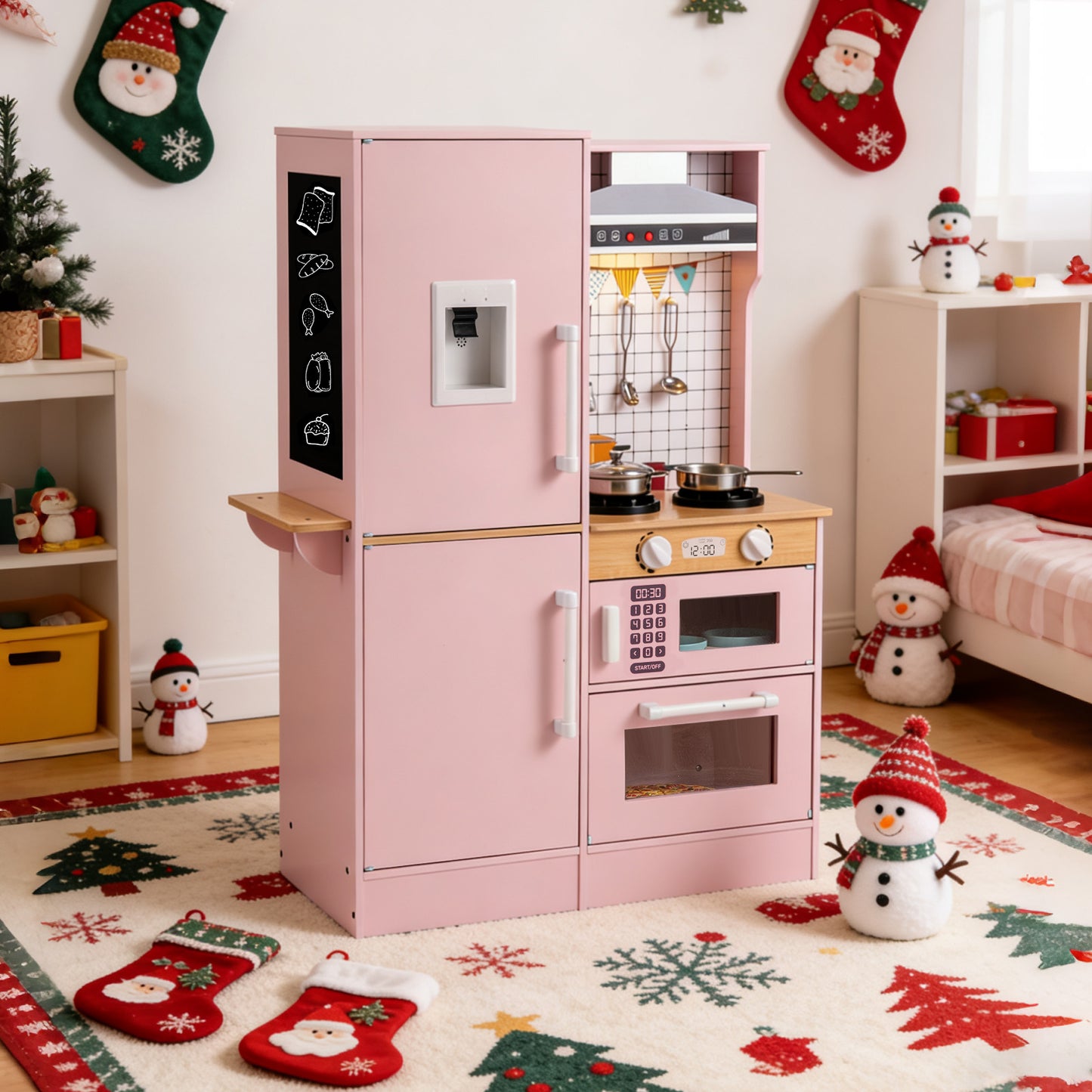 Dual-Sided Kids Play Kitchen with Water Dispenser and Cookware Utensils-Pink