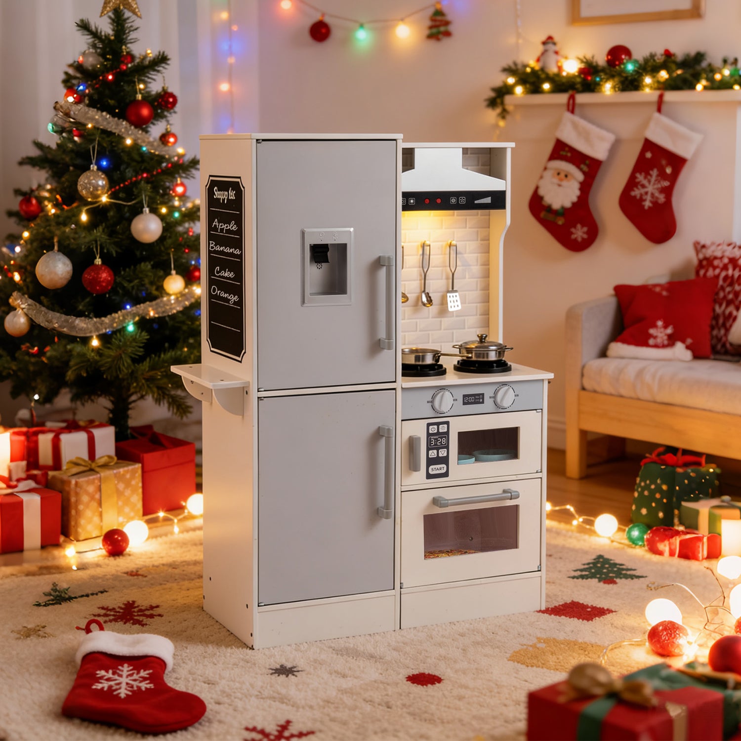 Dual-Sided Kids Play Kitchen with Water Dispenser and Cookware Utensils-White