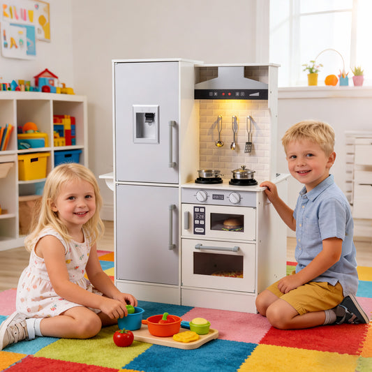 Double-Sided Kids Play Kitchen | Water Dispenser Cookware White