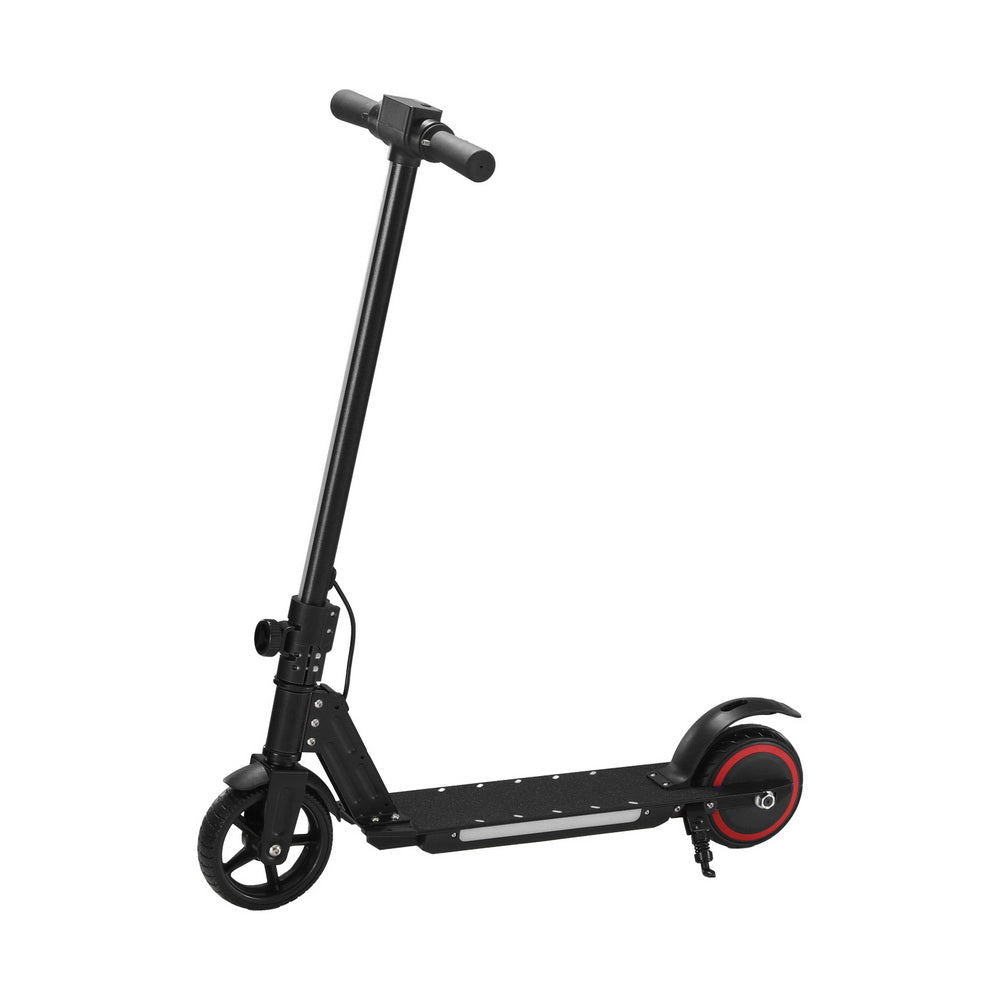 Kids electric scooter with LED lights, 16km/h speed, and foldable design for home fun.