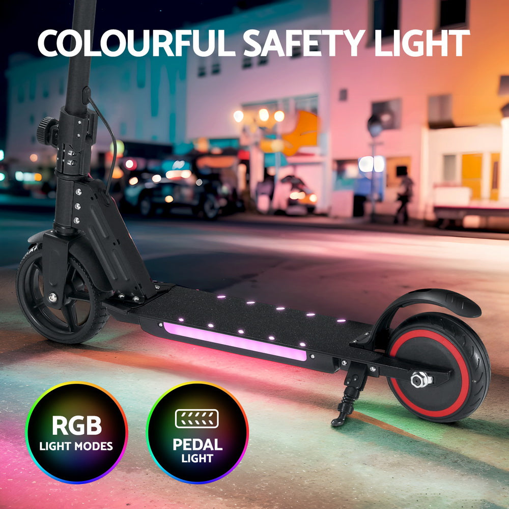 Foldable electric scooter for kids with LED lights, reaching 16km/h for outdoor fun.