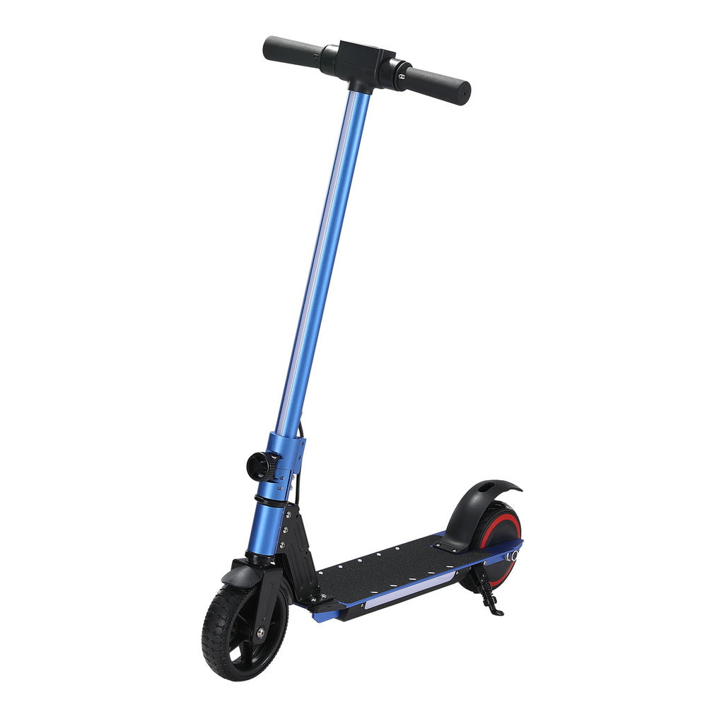 Blue kids electric scooter with 130W motor, LED light, and foldable design for fun rides.