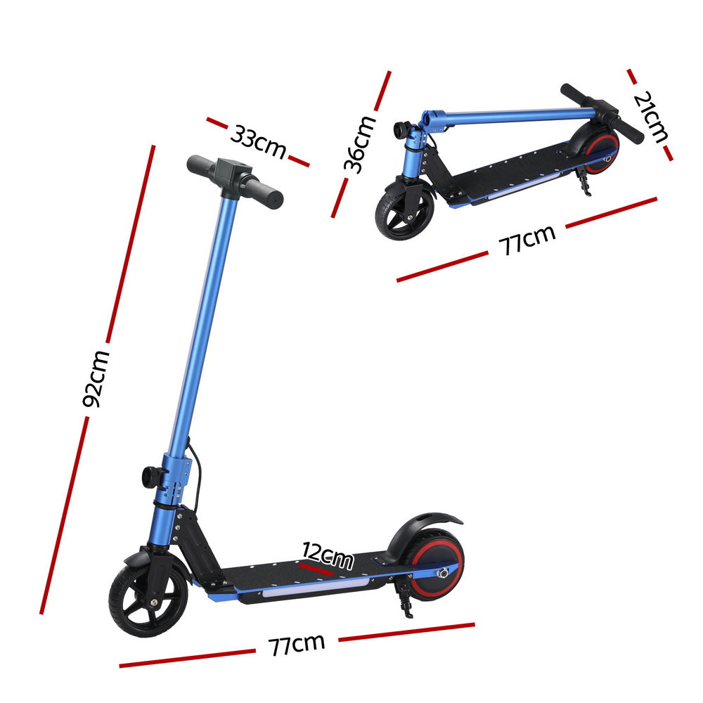 Blue kids electric scooter with 130W motor, LED light, foldable design for fun rides at home.