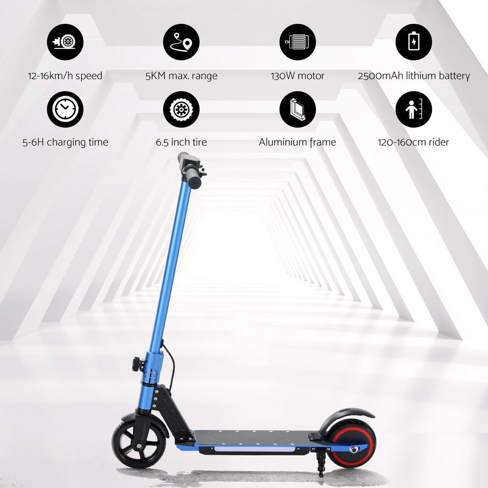 Blue foldable kids electric scooter with 130W motor, LED light - ideal for outdoor fun.