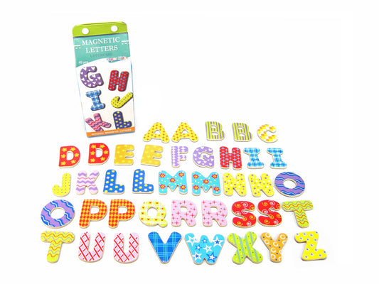 Colorful magnetic uppercase letters in milk carton packaging for fun and educational play at home.