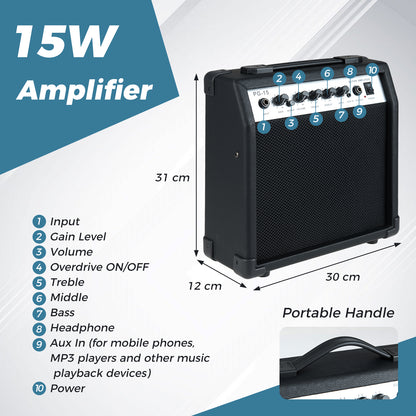 Blue Electric Guitar Beginner Kit | SSS Pickup | 15W Amplifier