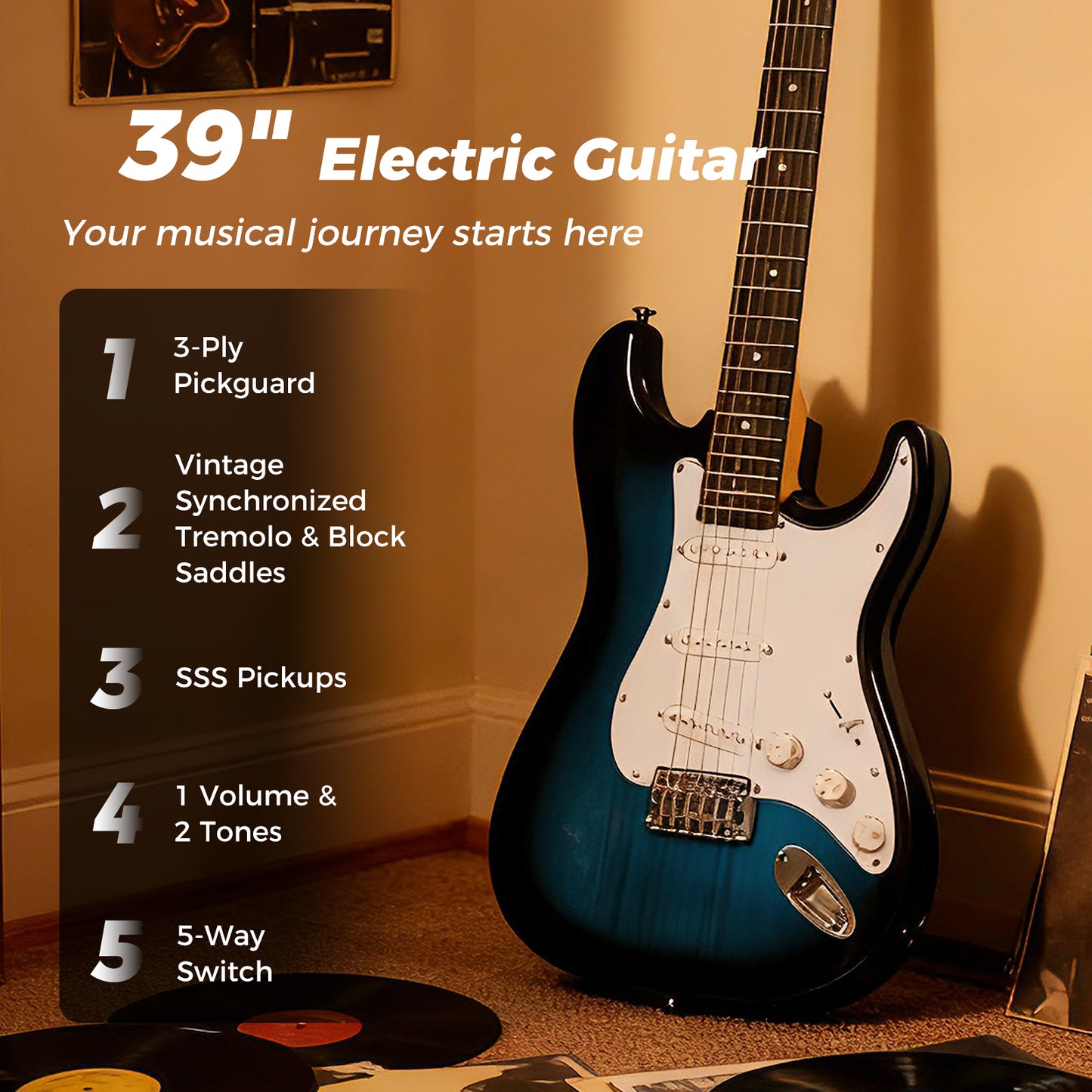 Blue Electric Guitar Beginner Kit | SSS Pickup | 15W Amplifier