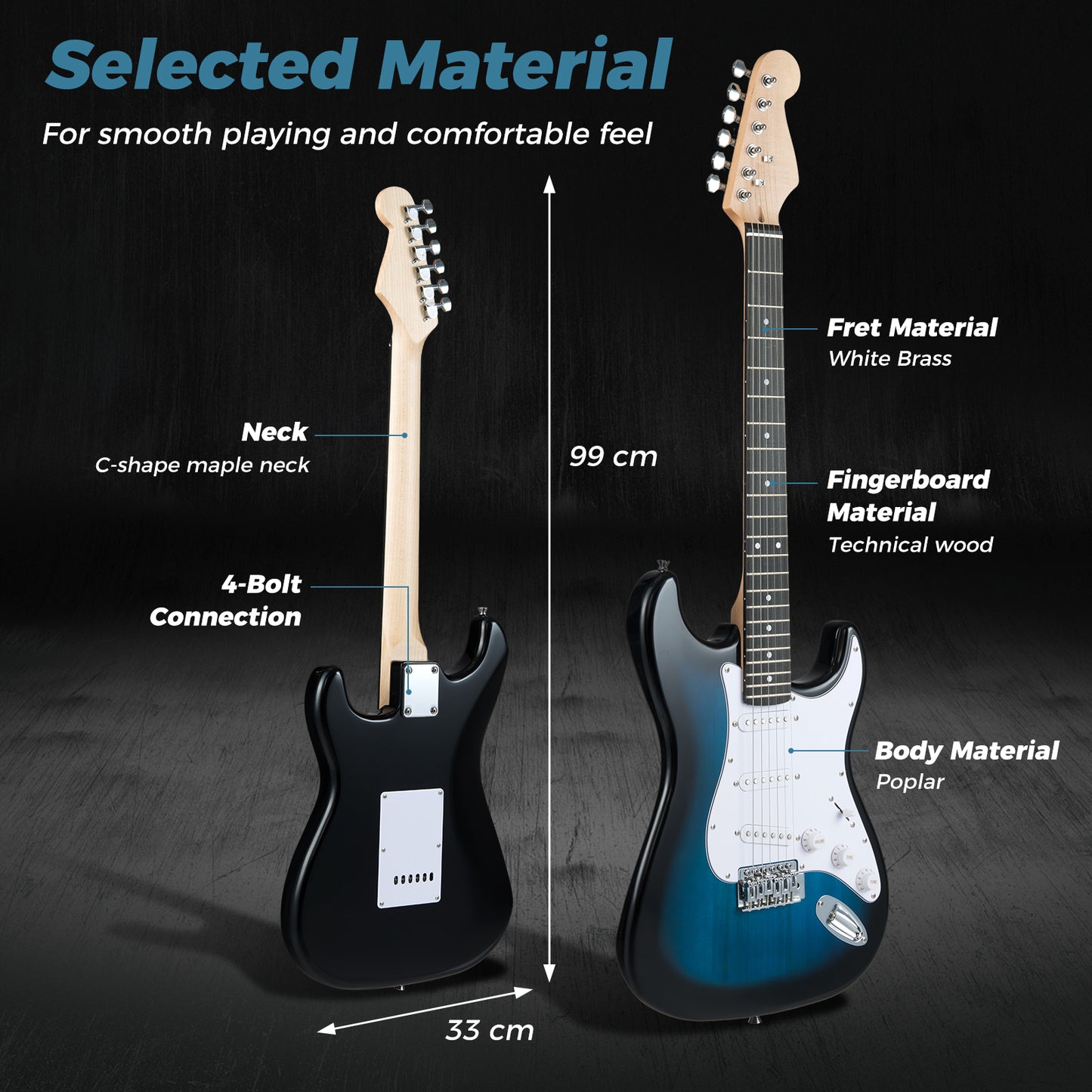 Blue Electric Guitar Beginner Kit | SSS Pickup | 15W Amplifier