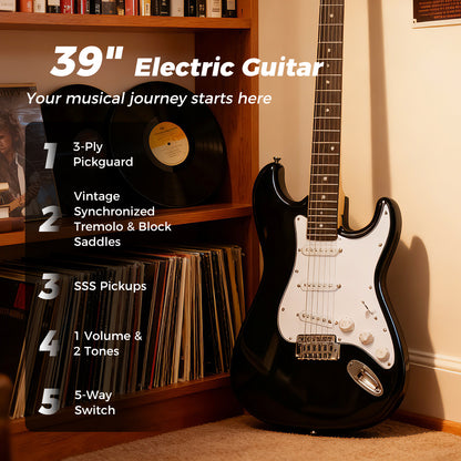 Electric Guitar Beginner Kit | SSS Pickup 15W Amplifier Black