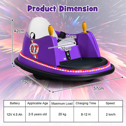 Purple 12V Kids Electric Bumper Car | Flashing Lights & Music
