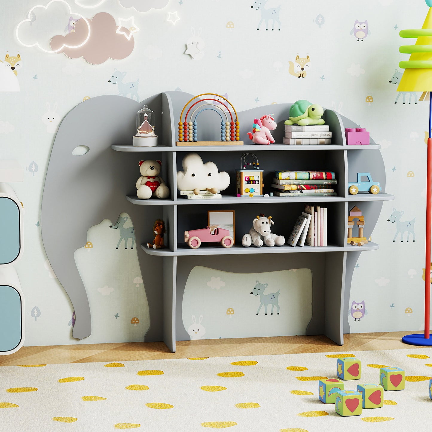 Elephant Kids Bookshelf 3-Tier Toddler Bookcase for Toy Storage-Grey