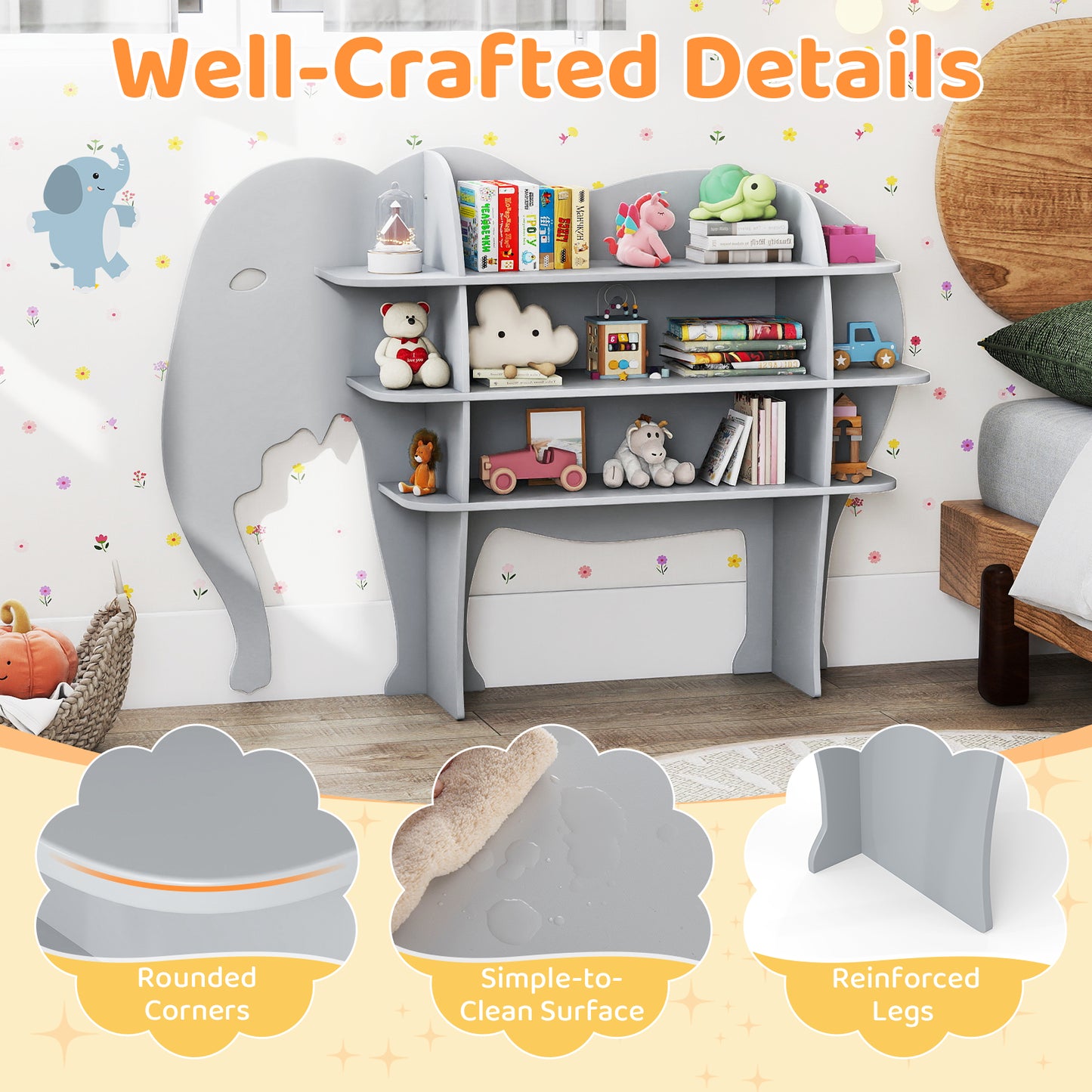 Grey Elephant Kids Bookshelf | 3 Tier Toddler Storage Organizer