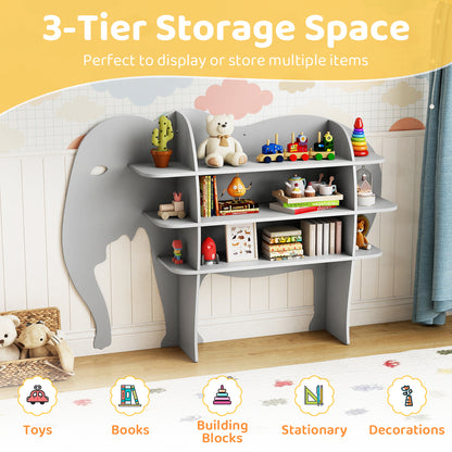 Grey Elephant Kids Bookshelf | 3 Tier Toddler Storage Organizer