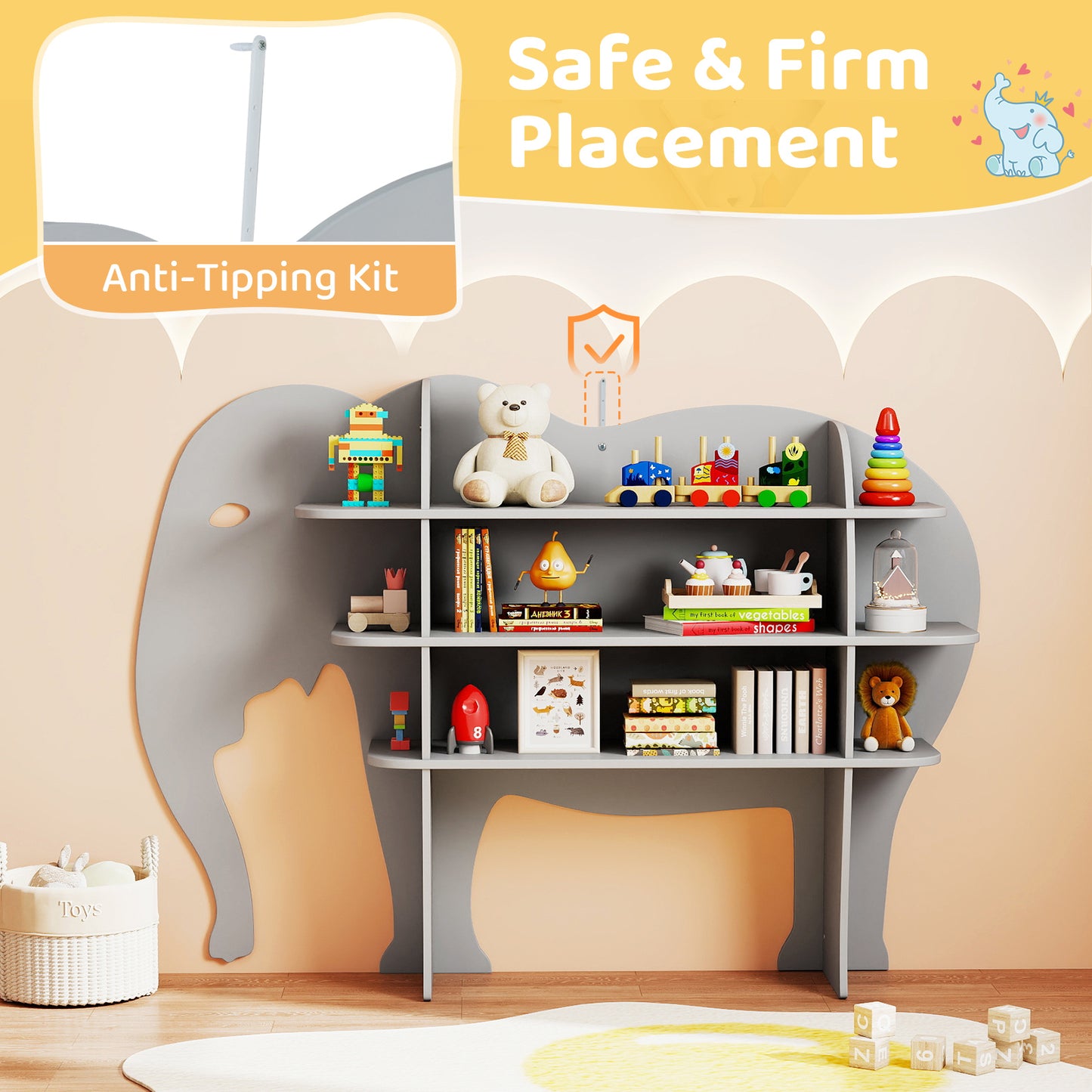Grey Elephant Kids Bookshelf | 3 Tier Toddler Storage Organizer
