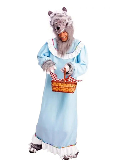 Granny Wolf Deluxe Adult Costume | Light Blue Nightie & Fur Head