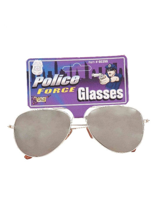 Kids police sunglasses with mirrored lenses for fun pretend play at home.