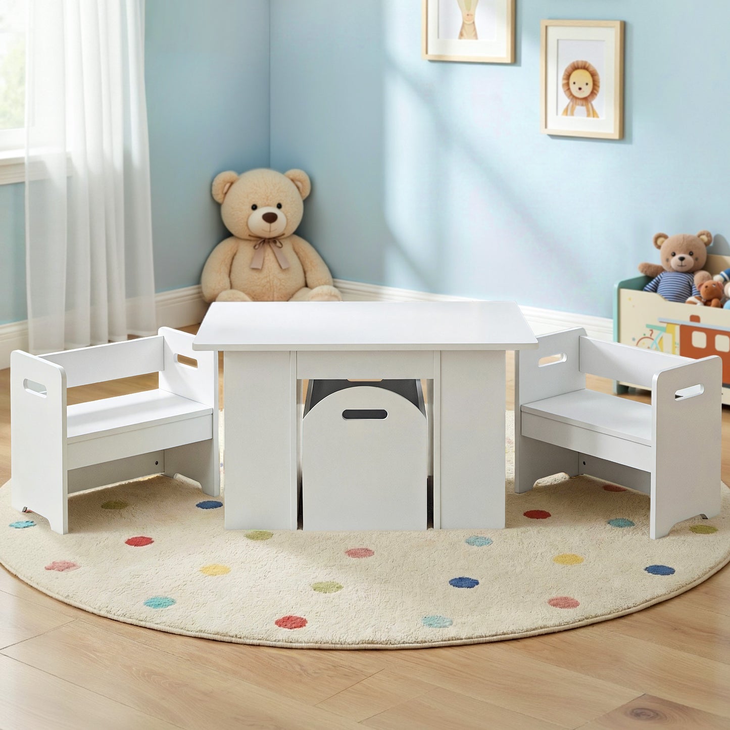 Keezi 3PCS Kids Table and Chairs Set Storage Toys Play Activity Desk