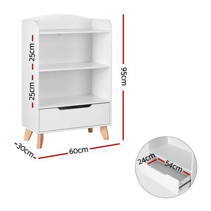 Keezi 3 Tier Kids Bookshelf with Drawer in White, ideal storage solution for childrens books.