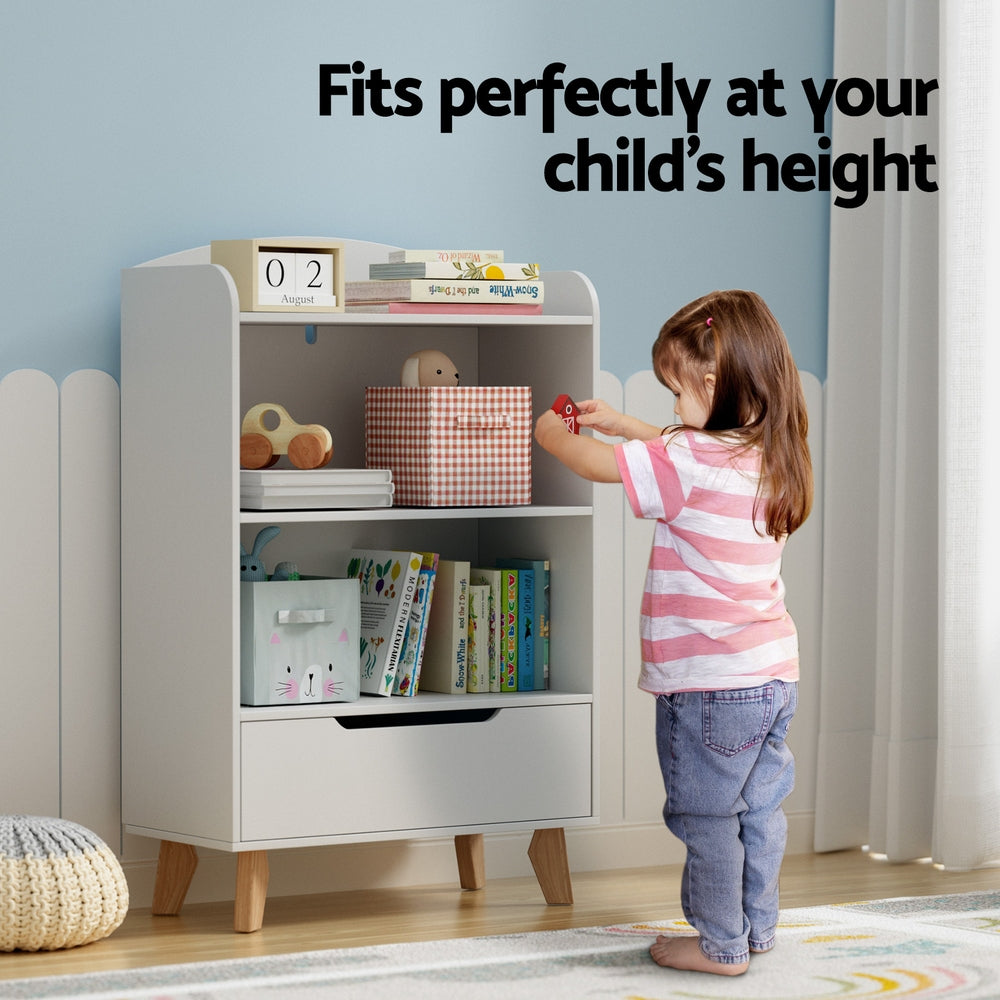 Keezi 3 Tier Kids Bookshelf with Drawer | White Storage Organizer for childrens bedroom organization.