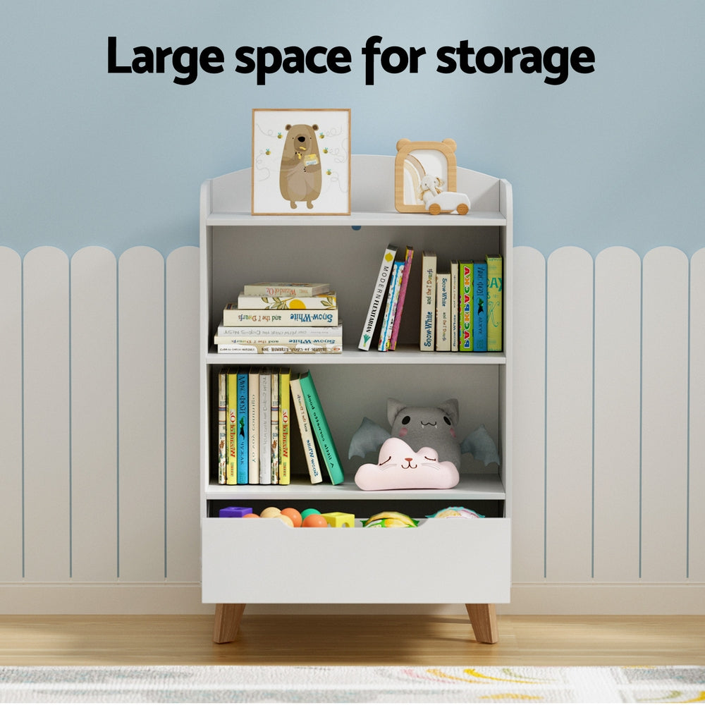 Keezi 3 Tier Kids Bookshelf with Drawer in White for organized childrens room storage.