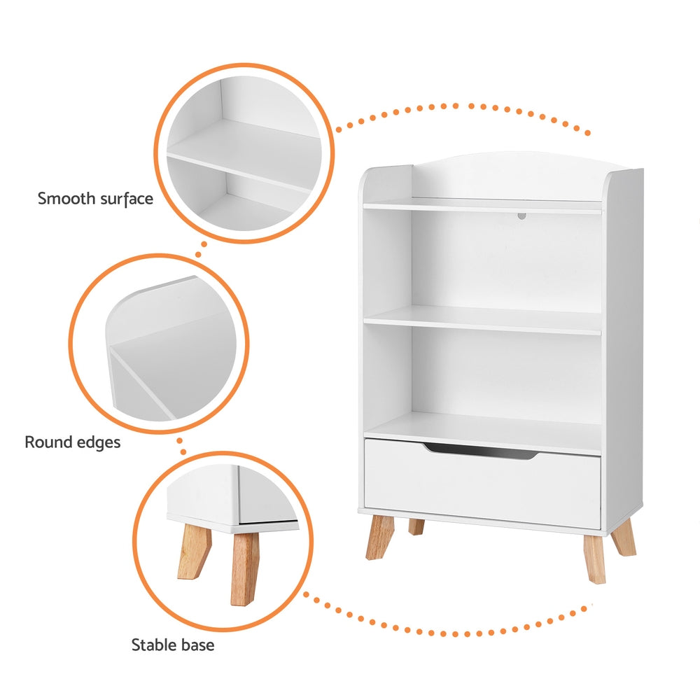 Keezi 3 Tier Kids Bookshelf with Drawer in White - Perfect storage solution for children.