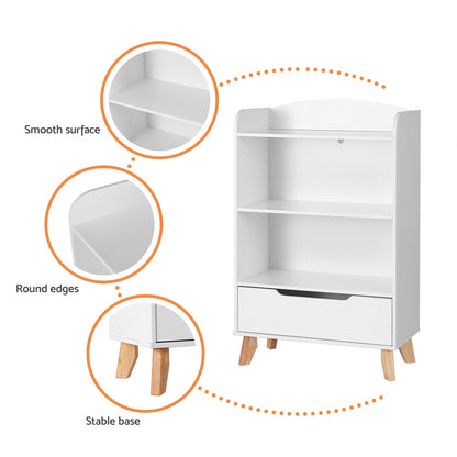 Keezi 3 Tier Kids Bookshelf with Drawer in White - Perfect storage solution for children.