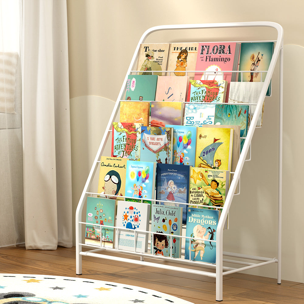 Keezi 6-Tier Foldable Kids Metal Bookshelf in White, ideal for organizing childrens books.