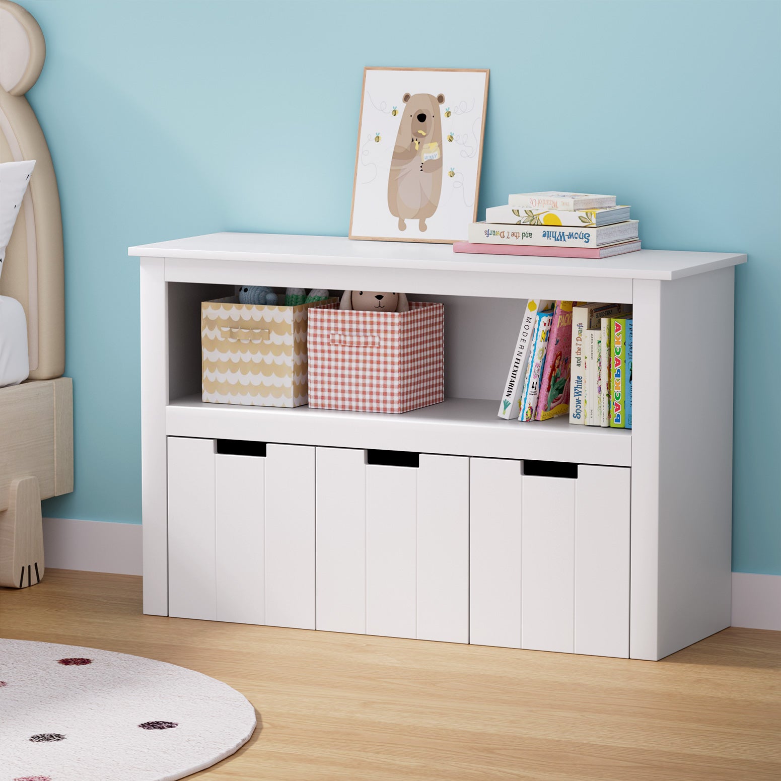 Colorful 3-drawer bookshelf and toy organizer for kids room storage and play.