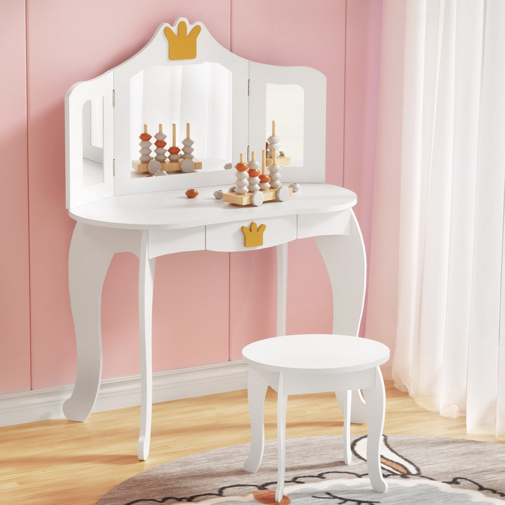 Keezi Kids Dressing Table Set with 3 Mirrors in White for Pretend Play