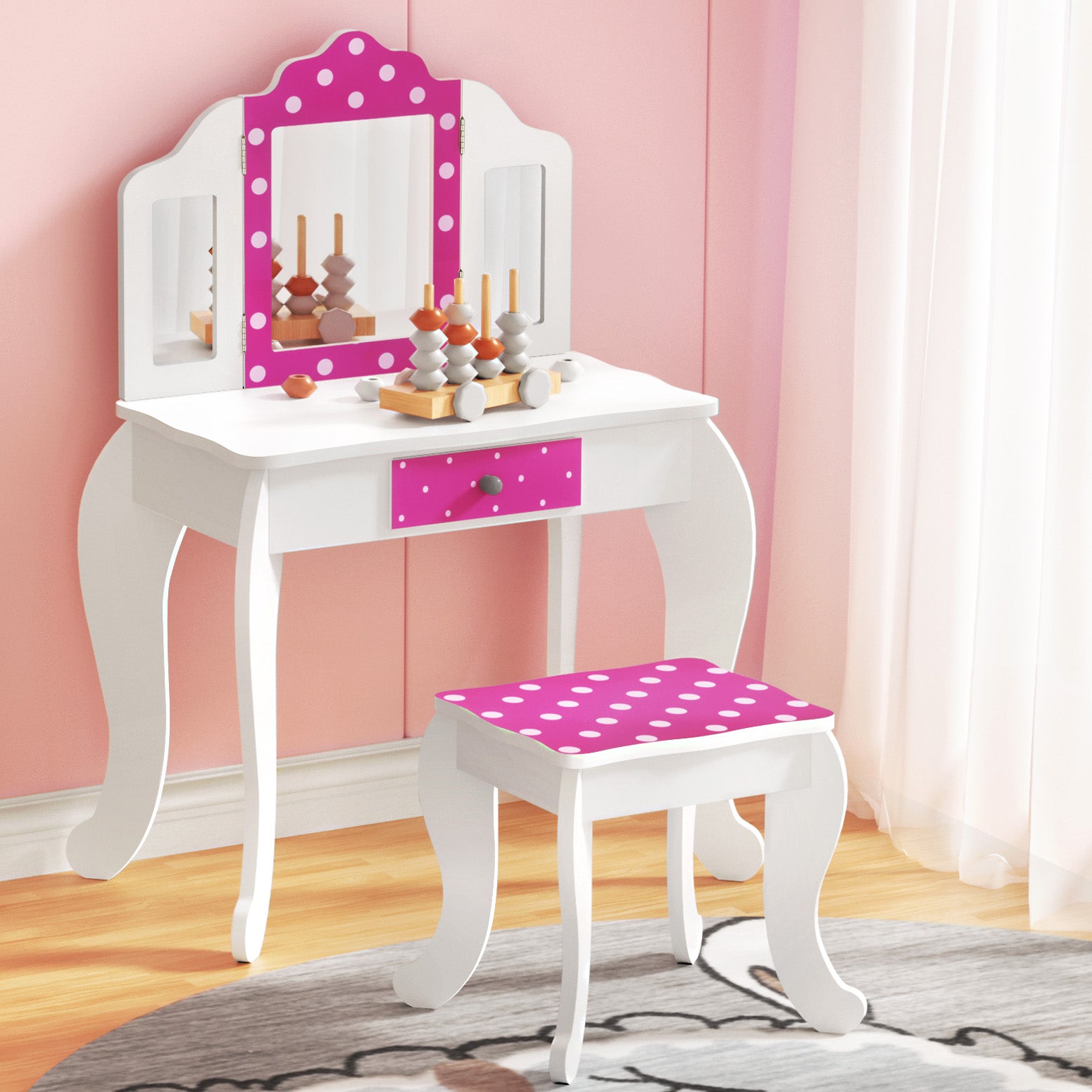 Pink Keezi kids vanity table set with mirror and chair for playful home styling.