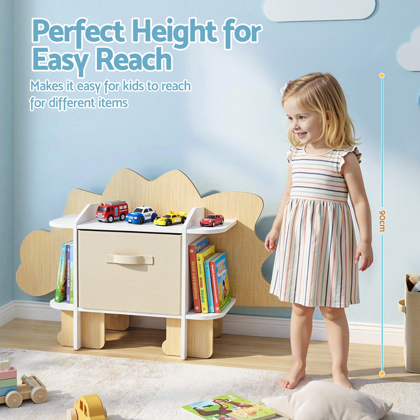 Keezi Dinosaur Kids Bookshelf 2 Tier Wooden with Fabric Drawer