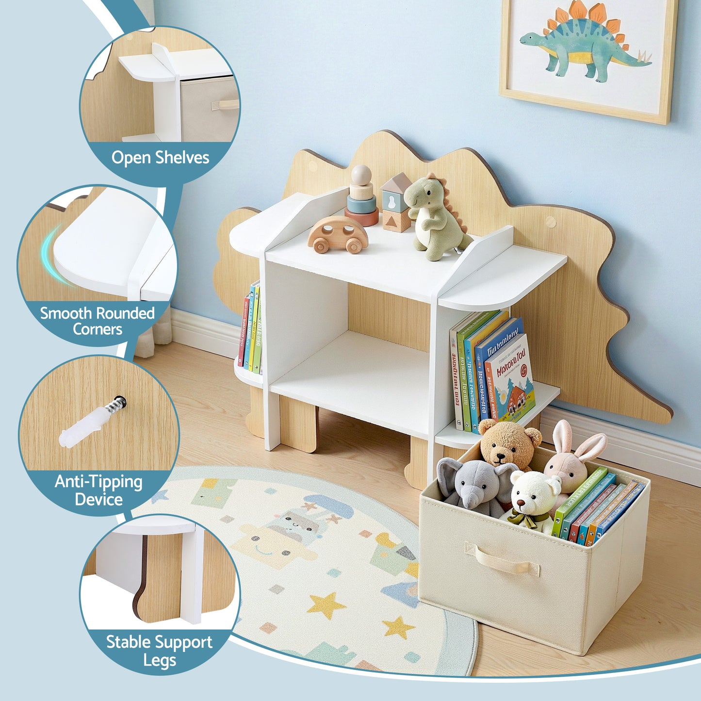 Keezi Dinosaur Kids Bookshelf 2 Tier Wooden with Fabric Drawer
