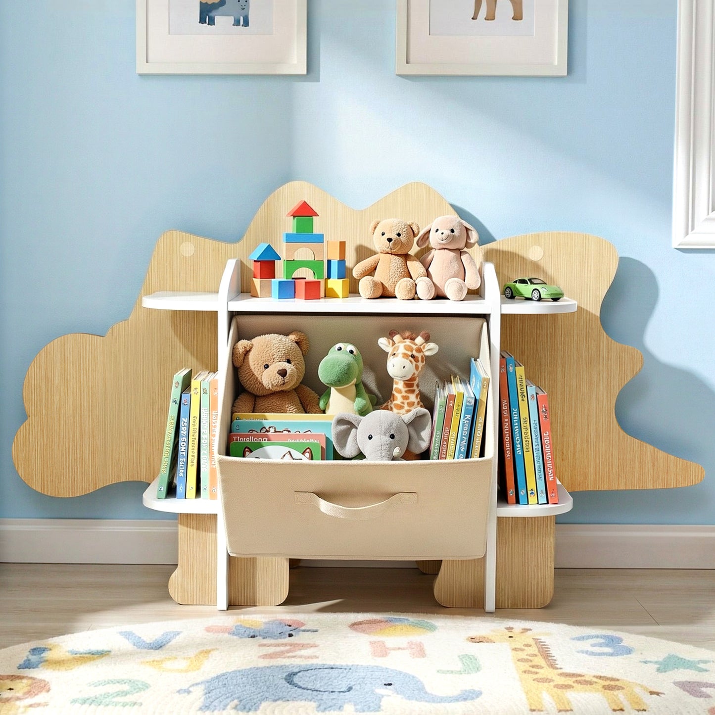 Keezi Dinosaur Kids Bookshelf 2 Tier Wooden with Fabric Drawer