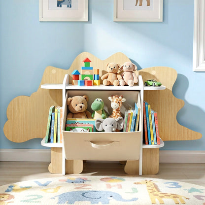 Keezi Dinosaur Kids Bookshelf 2 Tier Wooden with Fabric Drawer