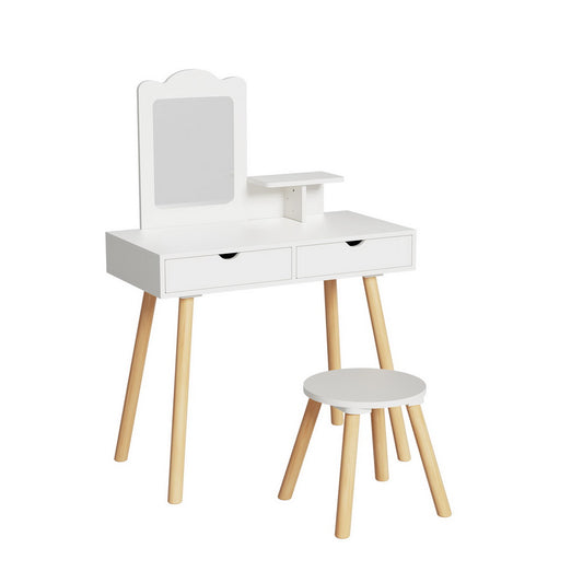 Stylish childrens vanity set with wooden legs, mirror, and drawers for imaginative play and dress-up fun.