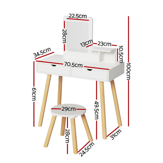 Wooden childrens vanity set with chair, mirror, and drawers for pretend play and dress-up fun.