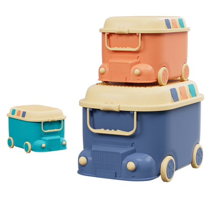 Colorful car-shaped toy storage boxes for kids playrooms, adding fun and organization.